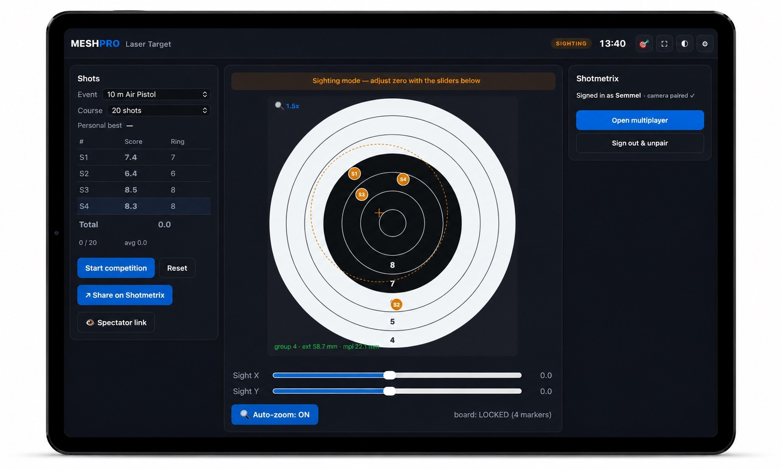 Laser-Target-Oberfläche auf dem Tablet: Trefferanzeige, Zielmodus und Shotmetrix-Anbindung